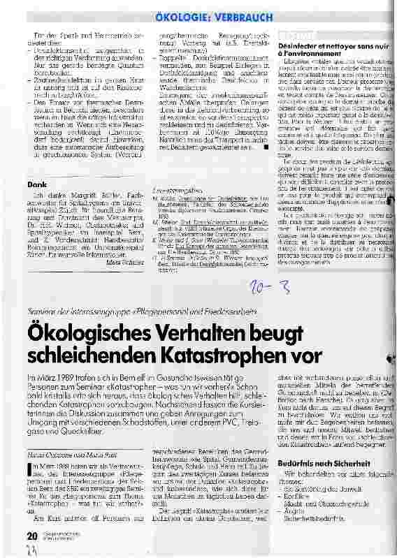 Vorschauseite 1: Seminar der Interessengruppe Pflegepersonal und Friedensarbeit Ökologisches Verhalten beugt schleichenden Katastrophen vor
