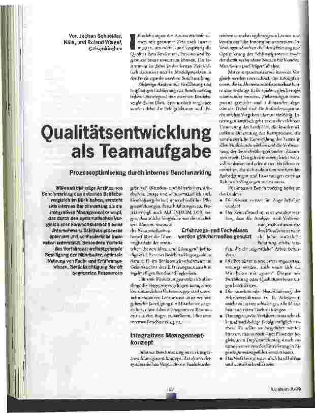 Vorschauseite 1: Qualitätsentwicklung als Teamaufgabe Prozessoptimierung durch internes Benchmarking