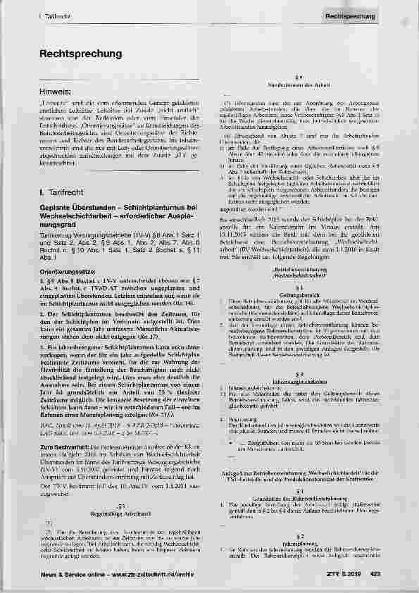 Vorschauseite 1: Geplante Überstunden Schichtplanturnus bei Wechselschichtarbeit erforderlicher AusplanungsgradTarifvertrag Versorgungsbetriebe