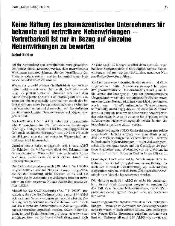 Vorschauseite 1: Keine Haftung des pharmazeutischen Unternehmers für bekannte und vertretbare Nebenwirkungen -Vertretbarkeit ist nur in Bezug auf einzelne Nebenwirkungen zu bewerten