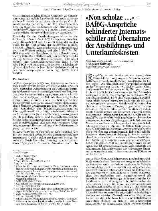 Vorschauseite 1: »Non scholae. .. « -BAföG-Ansprüche behinderter Internatsschüler auf Übernahme der Ausbildungsund Unterkunftskosten
