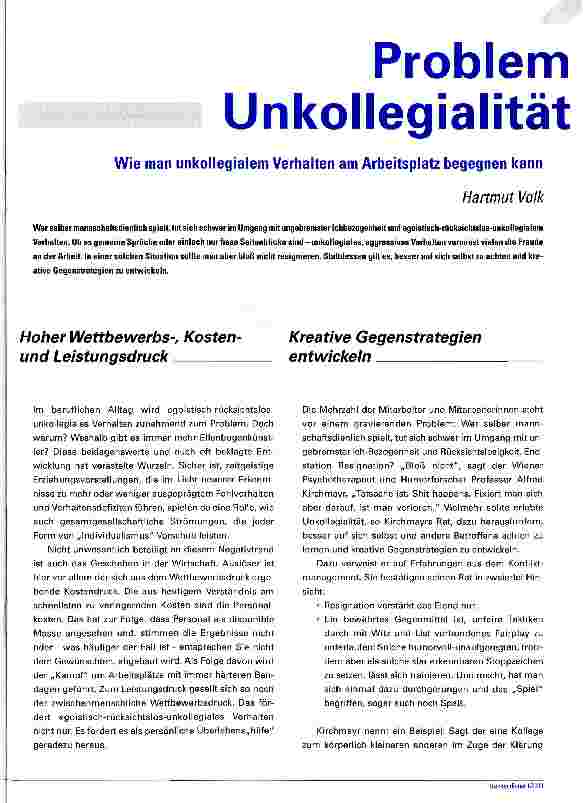 Vorschauseite 1: Problem Unkollegialität Wie man unkollegialem Verhalten am Arbeitsplatz begegnen kann