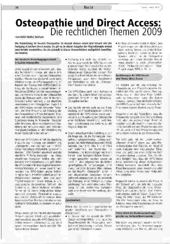 Vorschauseite 1: Osteopathie und Direct Access: Die rechtlichen Themen 2009