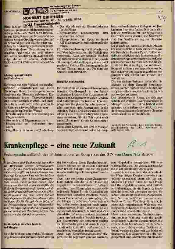 Vorschauseite 1: Krankenpflege - eine neue Zukunft Festansprache anläßlich des 19. Kongreß des ICN in Seoul/Korea