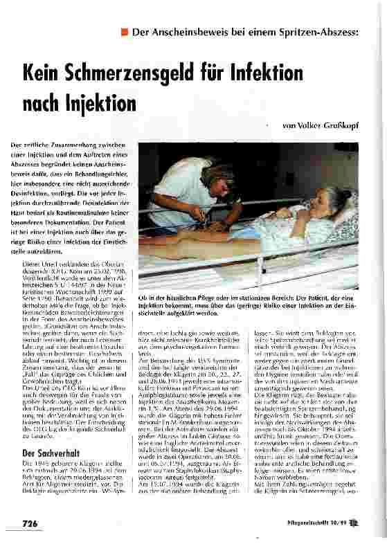Vorschauseite 1: Kein Schmerzensgeld für Infektion nach Injektion Der Anscheinsbeweis bei einem Spritzen-Abzess