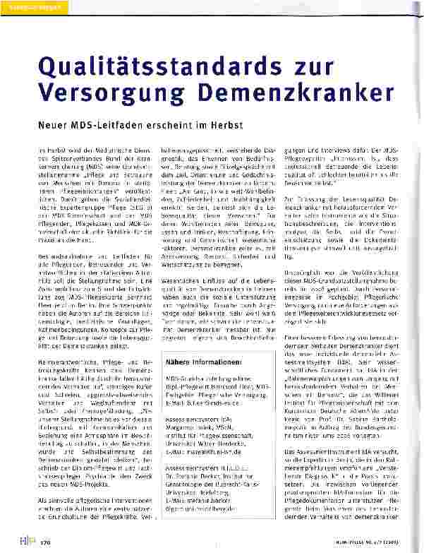 Vorschauseite 1: Qualitätsstandards zur Versorgung DemenzkrankerNeuer MDS-Leitfaden erscheint im Herbst