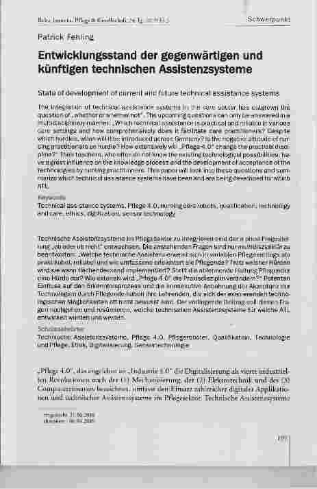 Vorschauseite 1: Entwicklungsstand der gegenwärtigen und künftigen technischen Assistenzsysteme