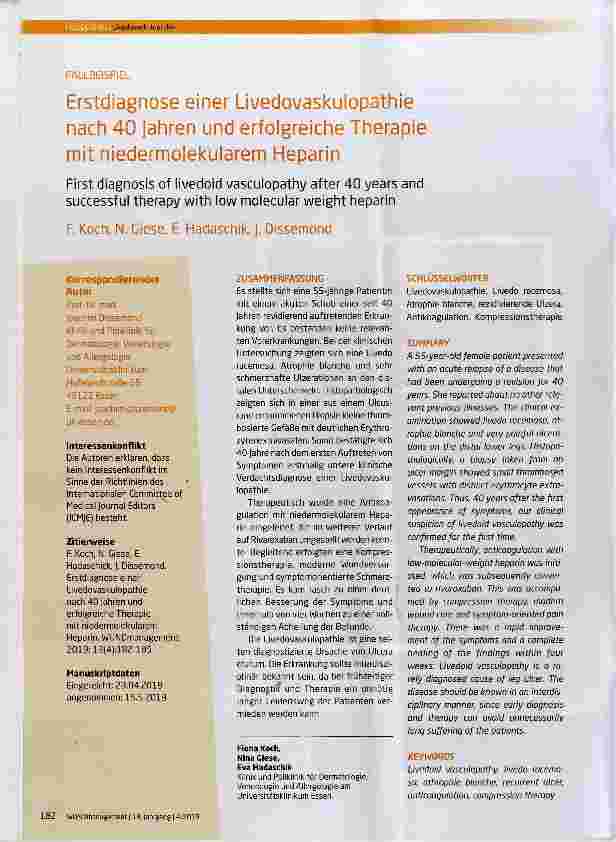 Vorschauseite 1: Erstdiagnose einer Livedovaskulopathie nach 40 Jahren und erfolgreiche Therapie mit niedermolekularem Heparin