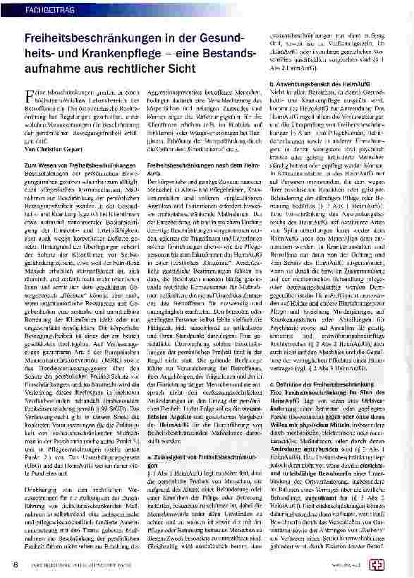 Vorschauseite 1: Freiheitsbeschränkungen in der Gesund-heitsund Krankenpflege - eine Bestandsaufnahme aus rechtlicher Sicht