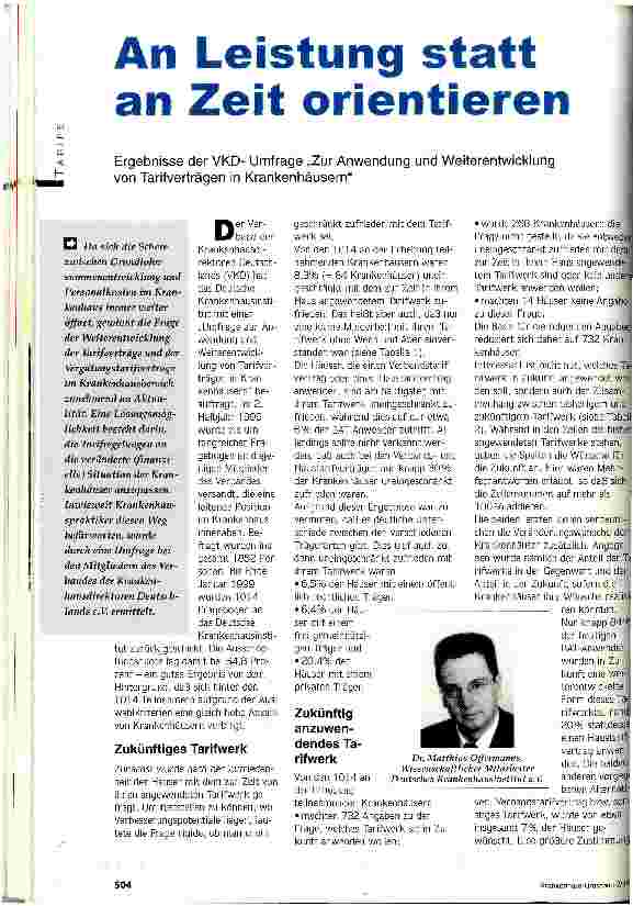 Vorschauseite 1: An Leistung statt an Zeit orientieren Ergebnisse der VKD-Umfrage Zur Anwendung und Weiterentwicklung von Tarifverträgen in Krankenhäusern