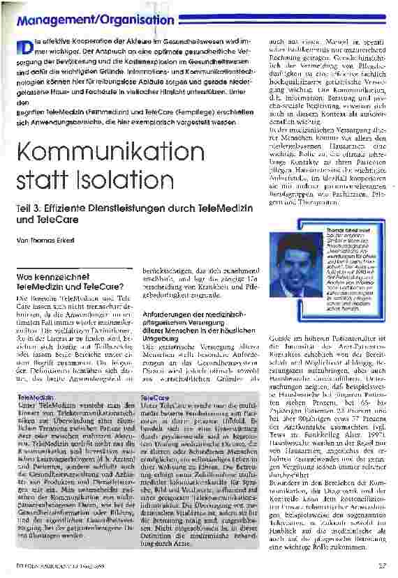 Vorschauseite 1: Kommunikation statt Isolation Teil 3: Effiziente Dienstleistungen durch TeleMedizin und TeleCare