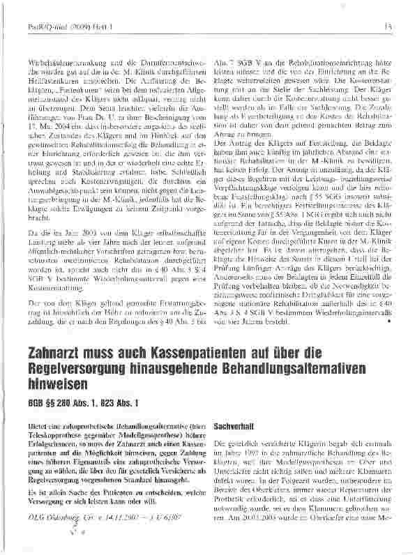 Vorschauseite 1: Zahnarzt muss auch Kassenpatienten auf über die Regelversorgung hinausgehende Behandlungsalternativen hinweisen