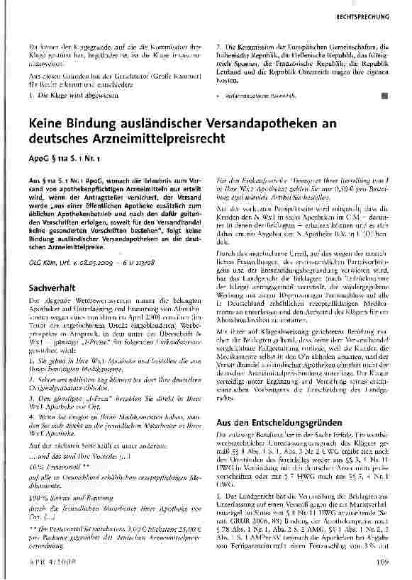 Vorschauseite 1: Keine Bindung ausländischer Versandapotheken an deutsches Arzneimittelpreisrecht