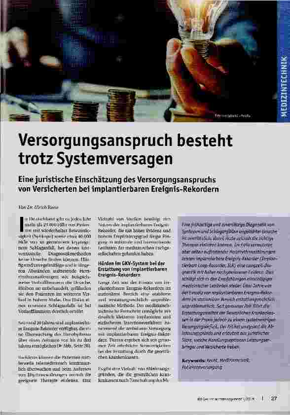 Vorschauseite 1: Versorgungsanspruch besteht trotz Systemversagen Eine juristische Einschätzung des Versorgungsanspruchs von Versicherten bei implantierbaren Ereignis-Rekordern