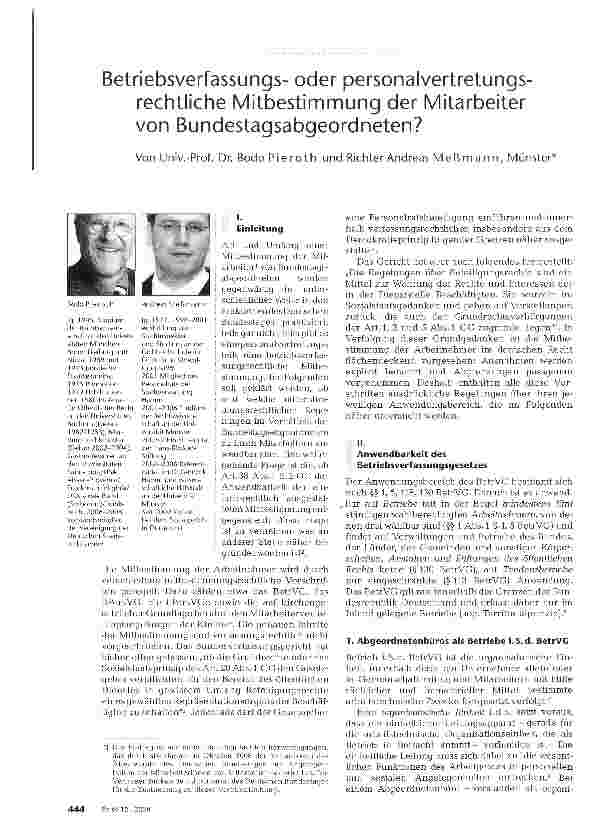 Vorschauseite 1: Betriebsverfassungsoder personalvertretungs-rechtliche Mitbestimmung der Mitarbeiter von Bundestagsabgeordneten?