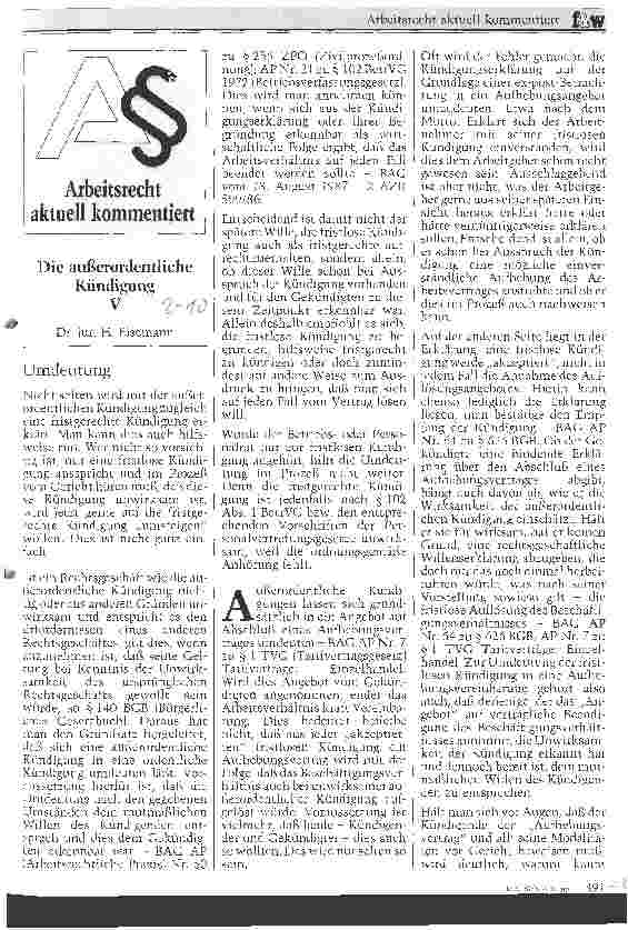 Vorschauseite 1: Arbeitsrecht aktuell kommentiert Die außerordentliche Kündigung V