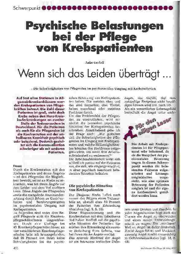 Vorschauseite 1: Psychische Belastungen bei der Pflege von Krebspatienten Wenn sich das Leiden überträgt...