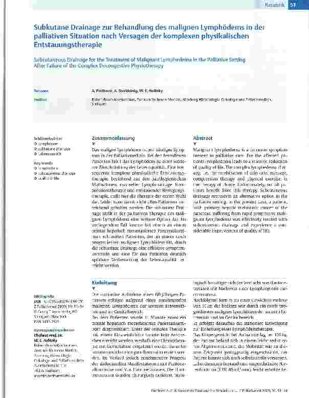 Vorschauseite 1: Subkutane Drainage zur Behandlung des malignen Lymphödems in der Palliativen Situation nach Versagen der komplexen physikalischen Entstauungstherapie