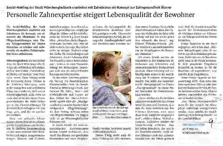 Vorschauseite 1: Sozial-Holding der Stadt Mönchengladbach erarbeitet mit Zahnärzten ein Konzept zur Zahngesundheit ÄltererPersonelle Zahnexpertise steigert Lebensqualität der Bewohner
