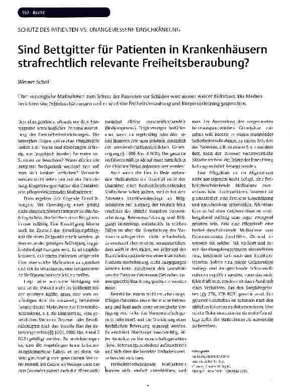 Vorschauseite 1: Sind Bettgitter für Patienten in Krankenhäusern strafrechtlich relevante Freiheitsberaubung?