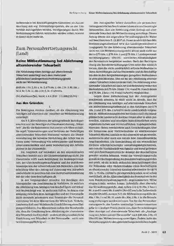 Vorschauseite 1: Keine Mitbestimmung bei Ablehnung alternierender Telearbeit