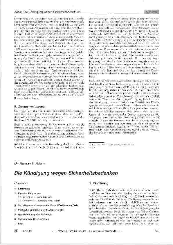 Vorschauseite 1: Die Kündigung wegen Sicherheitsbedenken