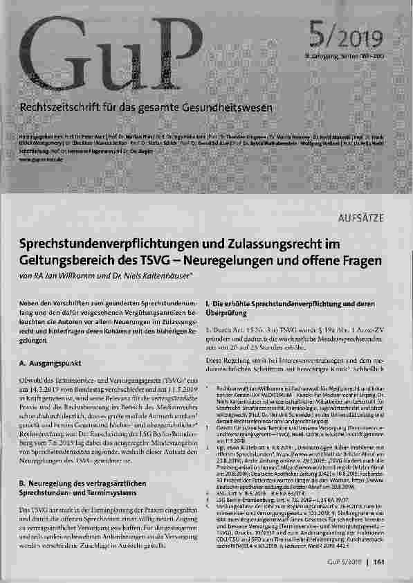 Vorschauseite 1: Sprechstundenverpflichtungen und Zulassungsrecht im Geltungsbereich desTSVG - Neuregelungen und offene Fragen