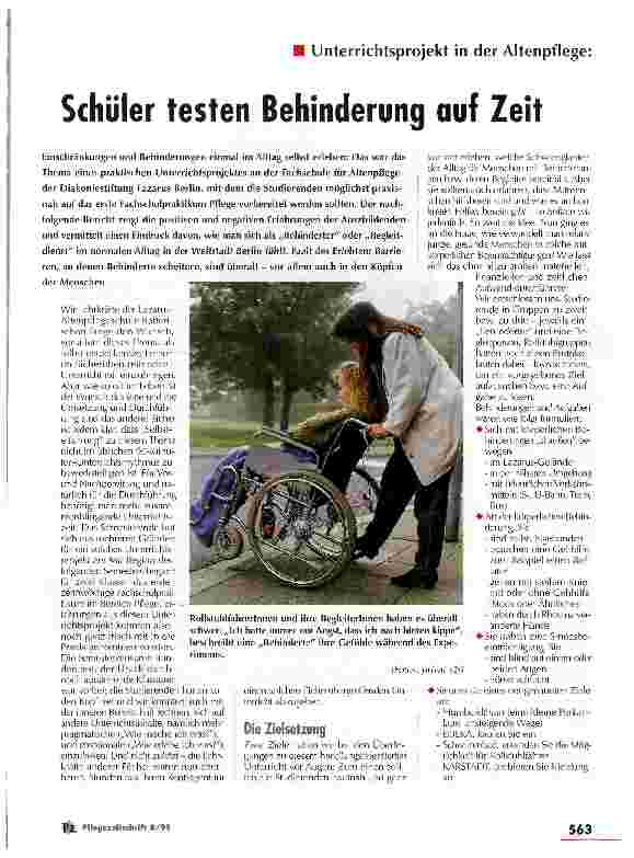 Vorschauseite 1: Schüler testen Behinderung auf Zeit Unterrichtsprojekt in der Altenpflege