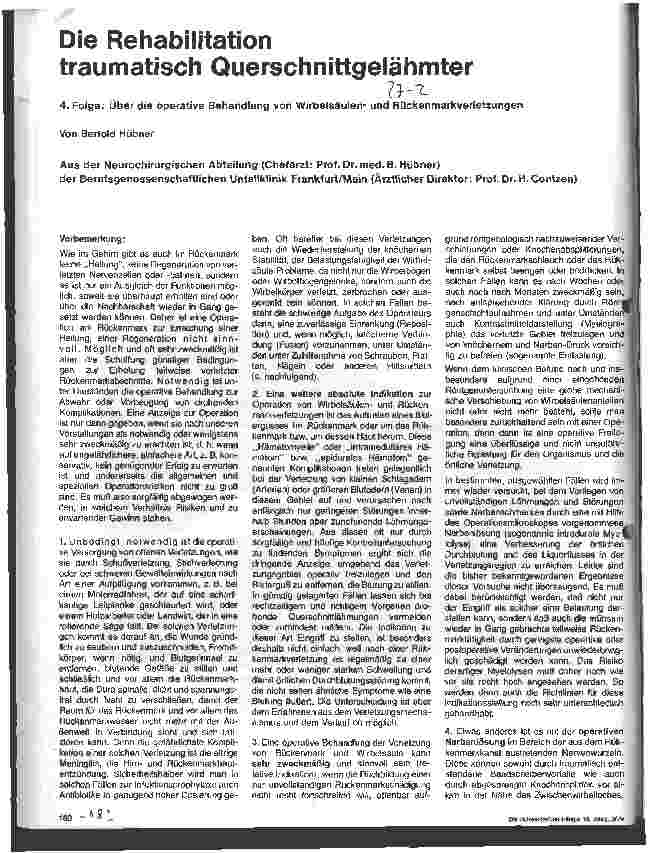 Vorschauseite 1: Die Rehabilitation traumatisch Querschnittgelähmter 4. Folge: Über die operative Behandlung v. Wirbelsäulenverletzungen