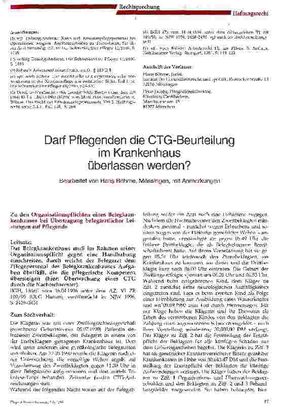 Vorschauseite 1: Darf Pflegenden die CTG-Beurteilung im Krankenhaus überlassen werden? Zu den Organisationspflichten eines Belegkrankenhauses bei Übertragung belegärztlicher Leistungen auf Pflegen…
