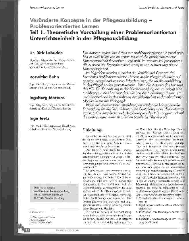 Vorschauseite 1: Veränderte Konzepte in der Pflegeausbildung - problemorientiertes Lernen Teil 1. Theoretische Vorstellung einer problemorientierten Untererichtseinheit in der Pflegeausbildung