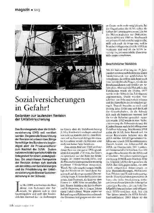Vorschauseite 1: Sozialversicherungen in Gefahr!Gedanken zur laufenden Revision der Unfallversicherung