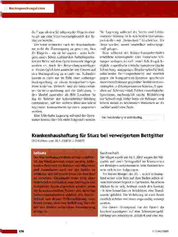 Vorschauseite 1: Krankenhaushaftung für Sturz bei verweigertem Bettgitter