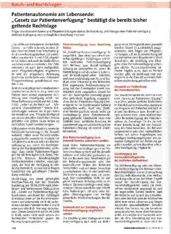 Vorschauseite 1: Patientenautonomie am Lebensende: „Gesetz zur Patientenverfügung bestätigt die bereits bishergeltende Rechtslage