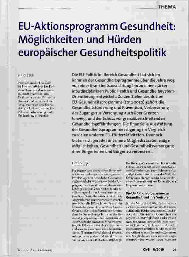 Vorschauseite 1: EU-Aktionsprogramm Gesundheit: Möglichkeiten und Hürden europäischer Gesundheitspolitik