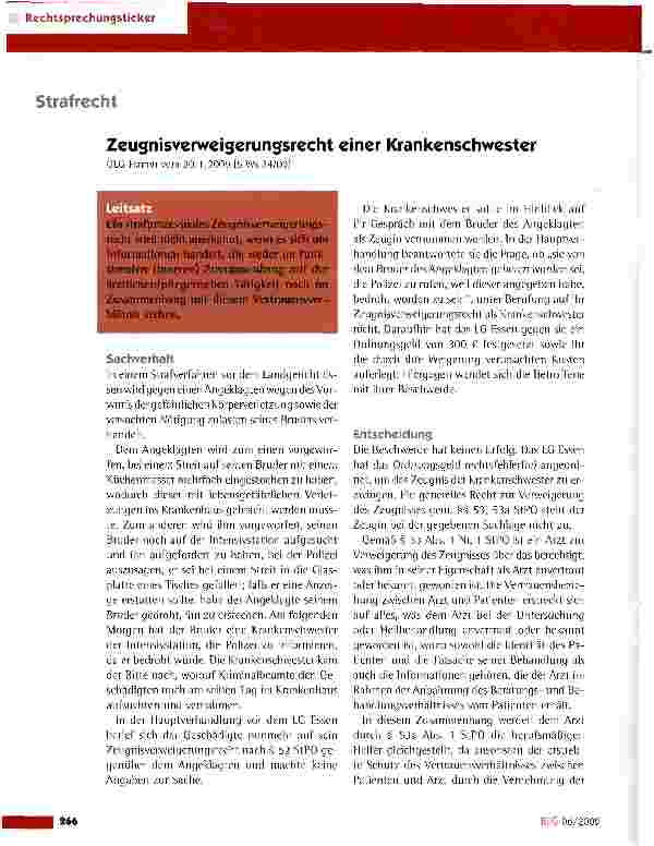 Vorschauseite 1: Zeugnisverweigerungsrecht einer Krankenschwester