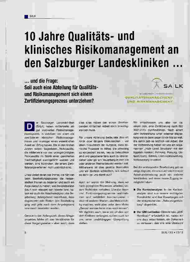 Vorschauseite 1: 10 Jahre Qualitätsund klinisches Risikomanagement an den Salzburger Landeskllniken. .