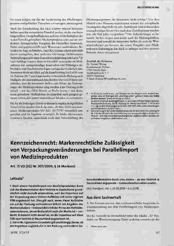 Vorschauseite 1: Kennzeichenrecht: Markenrechtliche Zulässigkeit von Verpackungsveränderungen bei Parallelimport von Medizinprodukten Art. 15 VO (EG) Nr. 207/2009, § 24 MarkenG