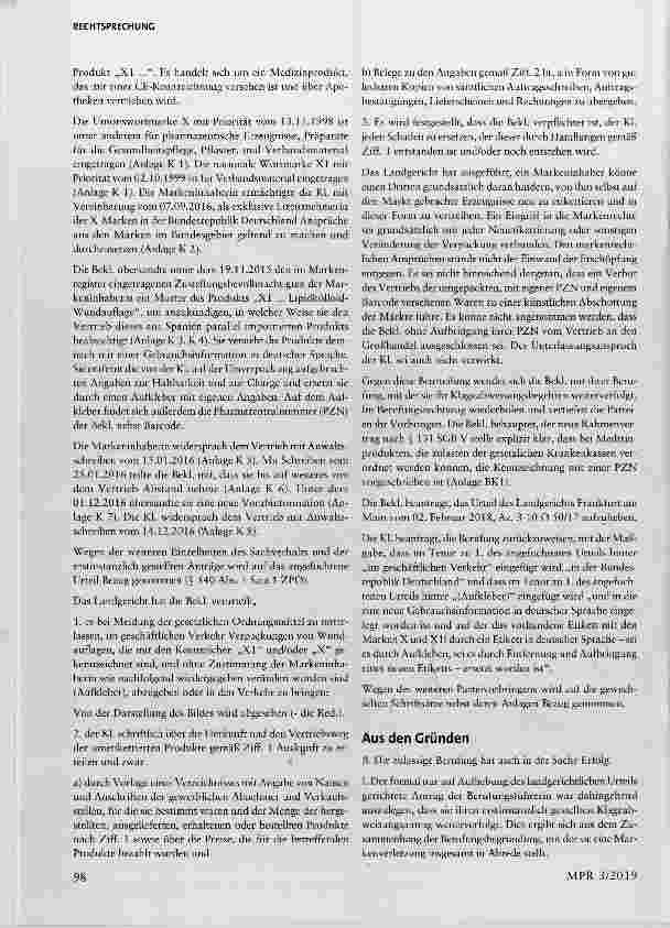 Vorschauseite 2: Kennzeichenrecht: Markenrechtliche Zulässigkeit von Verpackungsveränderungen bei Parallelimport von Medizinprodukten Art. 15 VO (EG) Nr. 207/2009, § 24 MarkenG