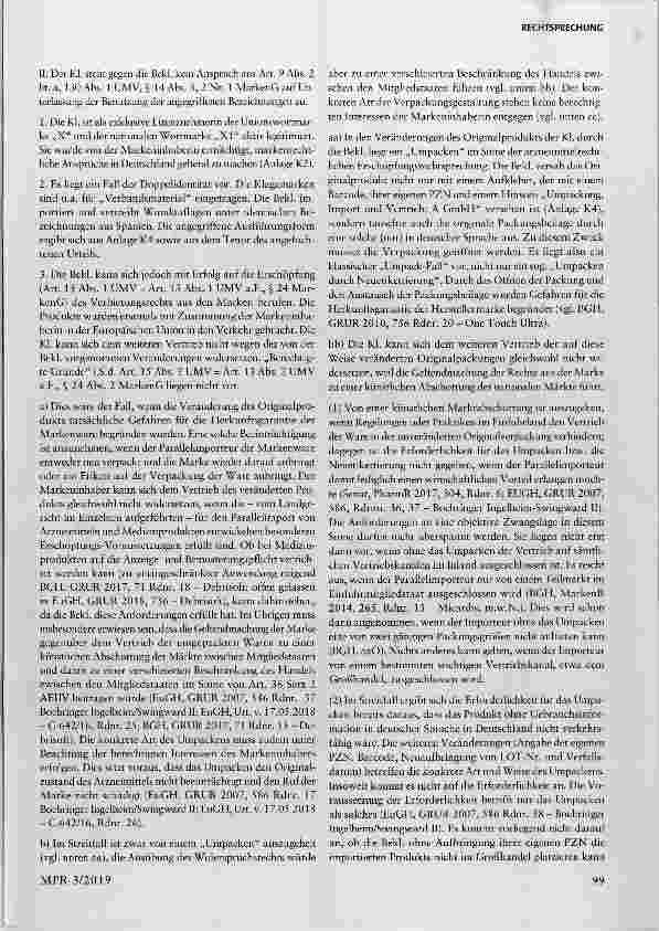 Vorschauseite 3: Kennzeichenrecht: Markenrechtliche Zulässigkeit von Verpackungsveränderungen bei Parallelimport von Medizinprodukten Art. 15 VO (EG) Nr. 207/2009, § 24 MarkenG
