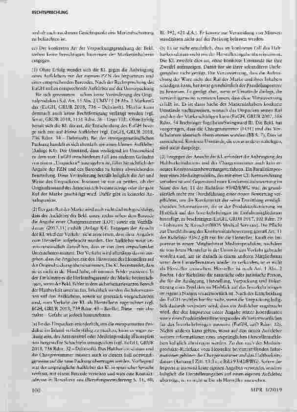 Vorschauseite 4: Kennzeichenrecht: Markenrechtliche Zulässigkeit von Verpackungsveränderungen bei Parallelimport von Medizinprodukten Art. 15 VO (EG) Nr. 207/2009, § 24 MarkenG