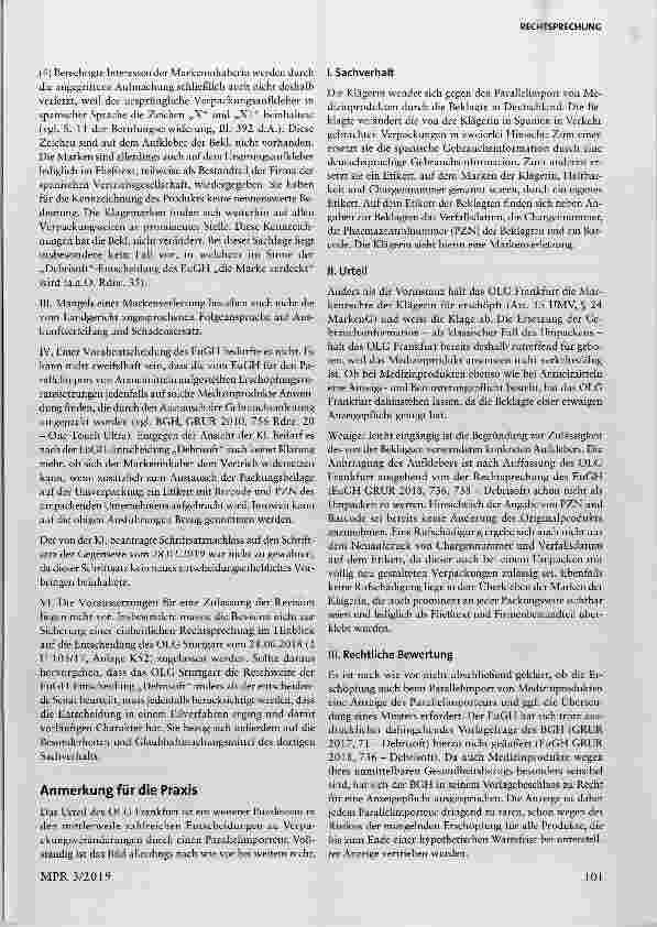 Vorschauseite 5: Kennzeichenrecht: Markenrechtliche Zulässigkeit von Verpackungsveränderungen bei Parallelimport von Medizinprodukten Art. 15 VO (EG) Nr. 207/2009, § 24 MarkenG