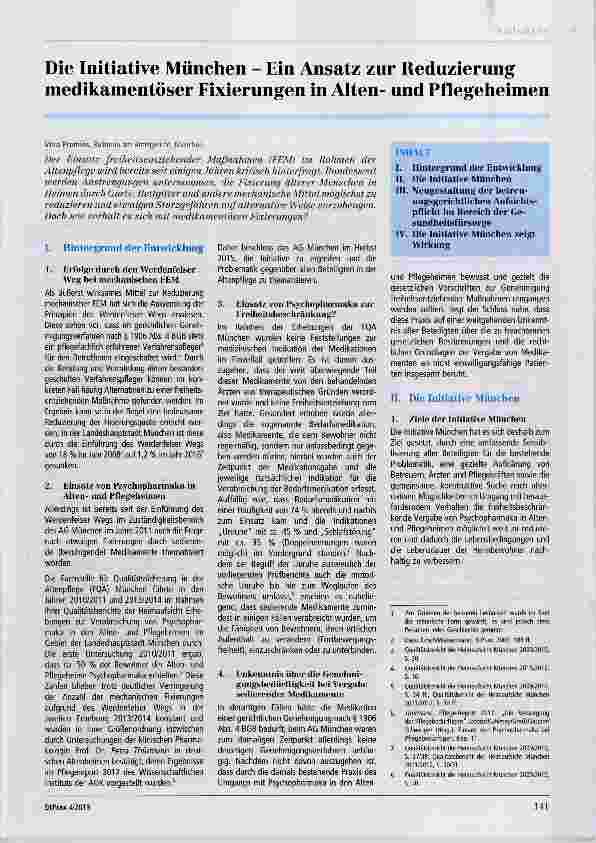Vorschauseite 1: Die Initiative München Ein Ansatz zur Reduzierung medikamentöser Fixierungen in Altenund Pflegeheimen