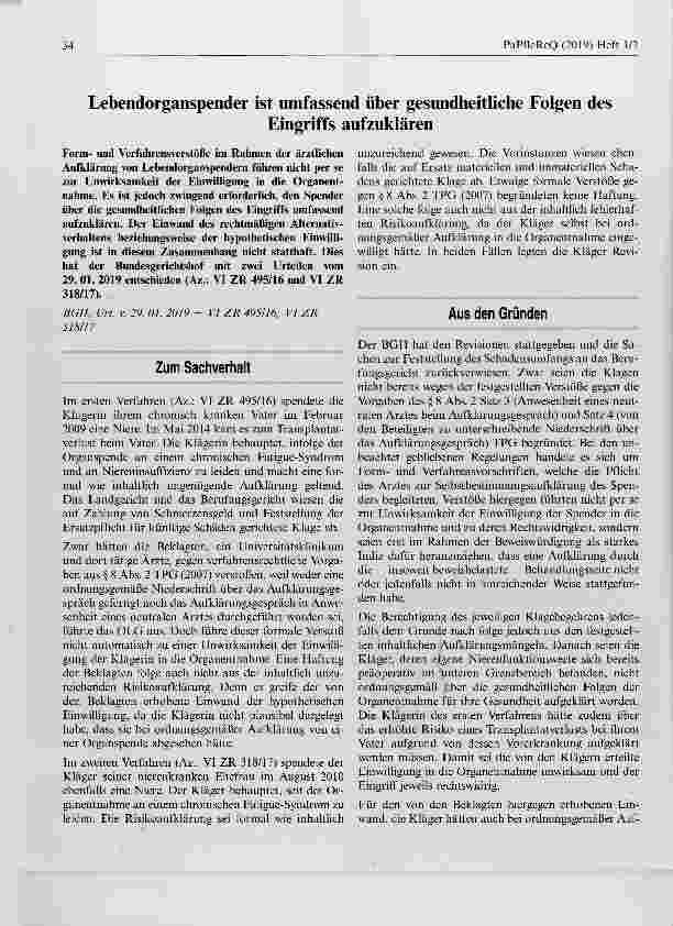Vorschauseite 1: Lebendorganspender ist umfassend über gesundheitliche Folgen des Eingriffs aufzuklären