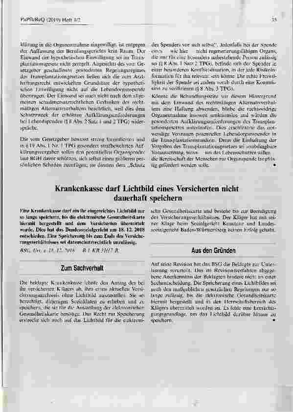 Vorschauseite 2: Lebendorganspender ist umfassend über gesundheitliche Folgen des Eingriffs aufzuklären