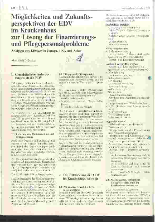 Vorschauseite 1: Möglichkeiten und Zukunftsperspektiven der EDV im Krankenhaus zur Lösung der Finanzierungsund Pflegepersonalprobleme
