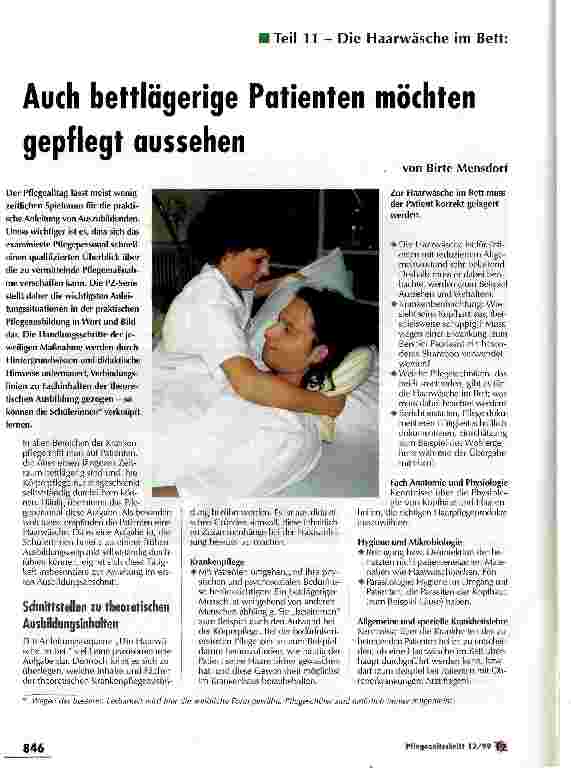 Vorschauseite 1: Auch bettlägerige Patienten möchten gepflegt aussehen Teil 11 - Die Haarwäsche im Bett