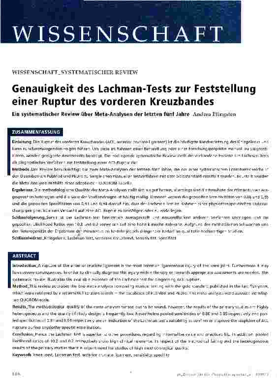 Vorschauseite 1: Genauigkeit des Lachman-Tests zur Feststellung einer Ruptur des vorderen Kreuzbandes