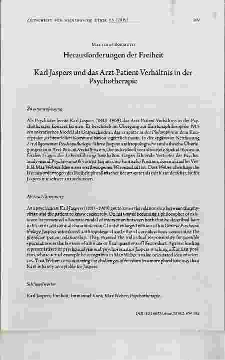 Vorschauseite 1: Herausforderungen der Freiheit Karl Jaspers und das Arzt-Patient-Verhältnis in derPsychotherapie