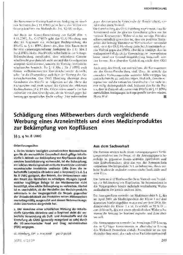Vorschauseite 1: Schädigung eines Mitbewerbers durch vergleichende Werbung eines Arzneimittels und eines Medizinproduktes zur Bekämpfung von Kopfläusen